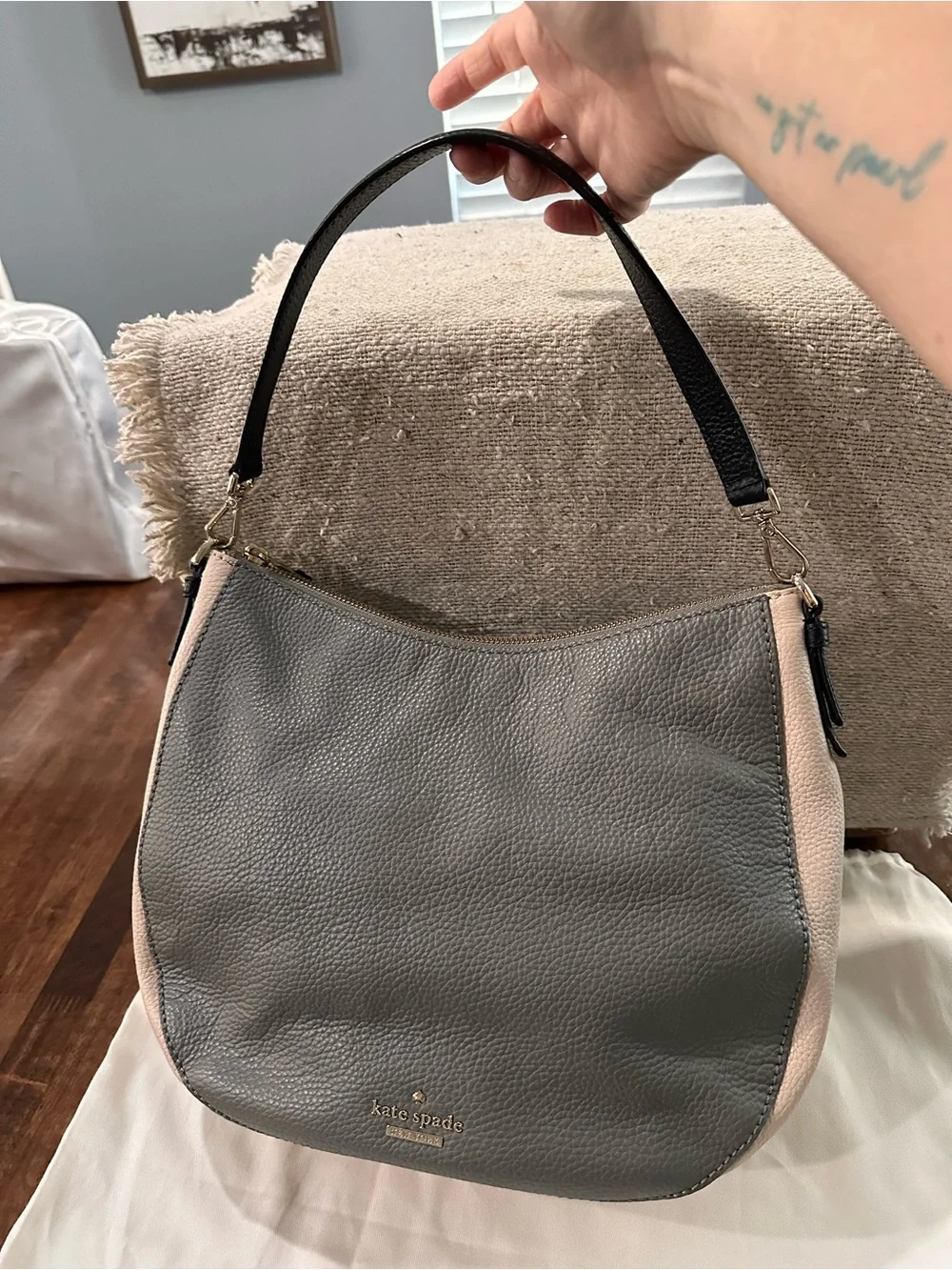 kate spade Gray and Blush Pebbled Leather Shoulder Bag with Black Strap